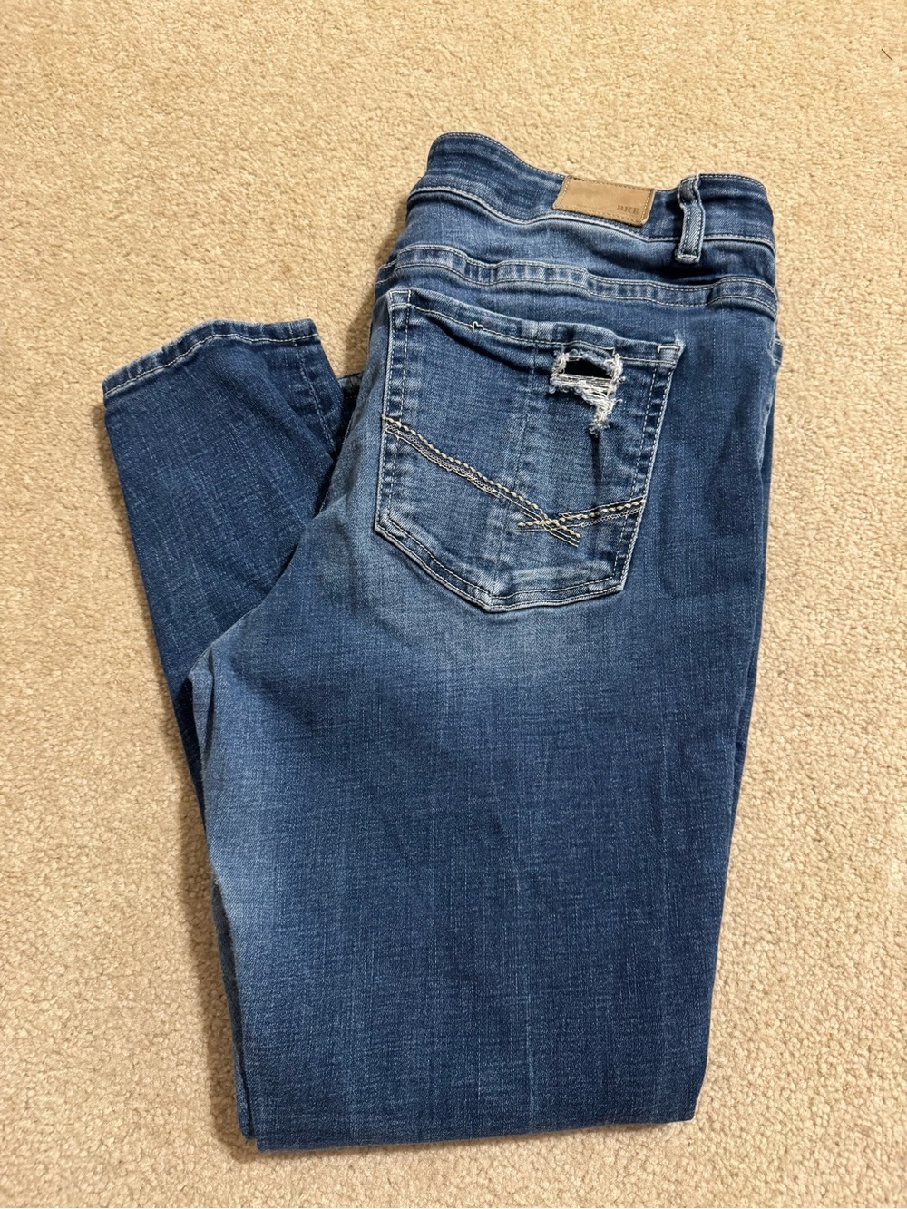 BKE Women's Dark Blue Straight Leg Jeans with Back Pocket Distress